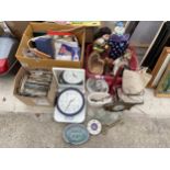 AN ASSORTMENT OF ITEMS TO INCLUDE 7" SINGLES, DOLLS AND CLOCKS ETC