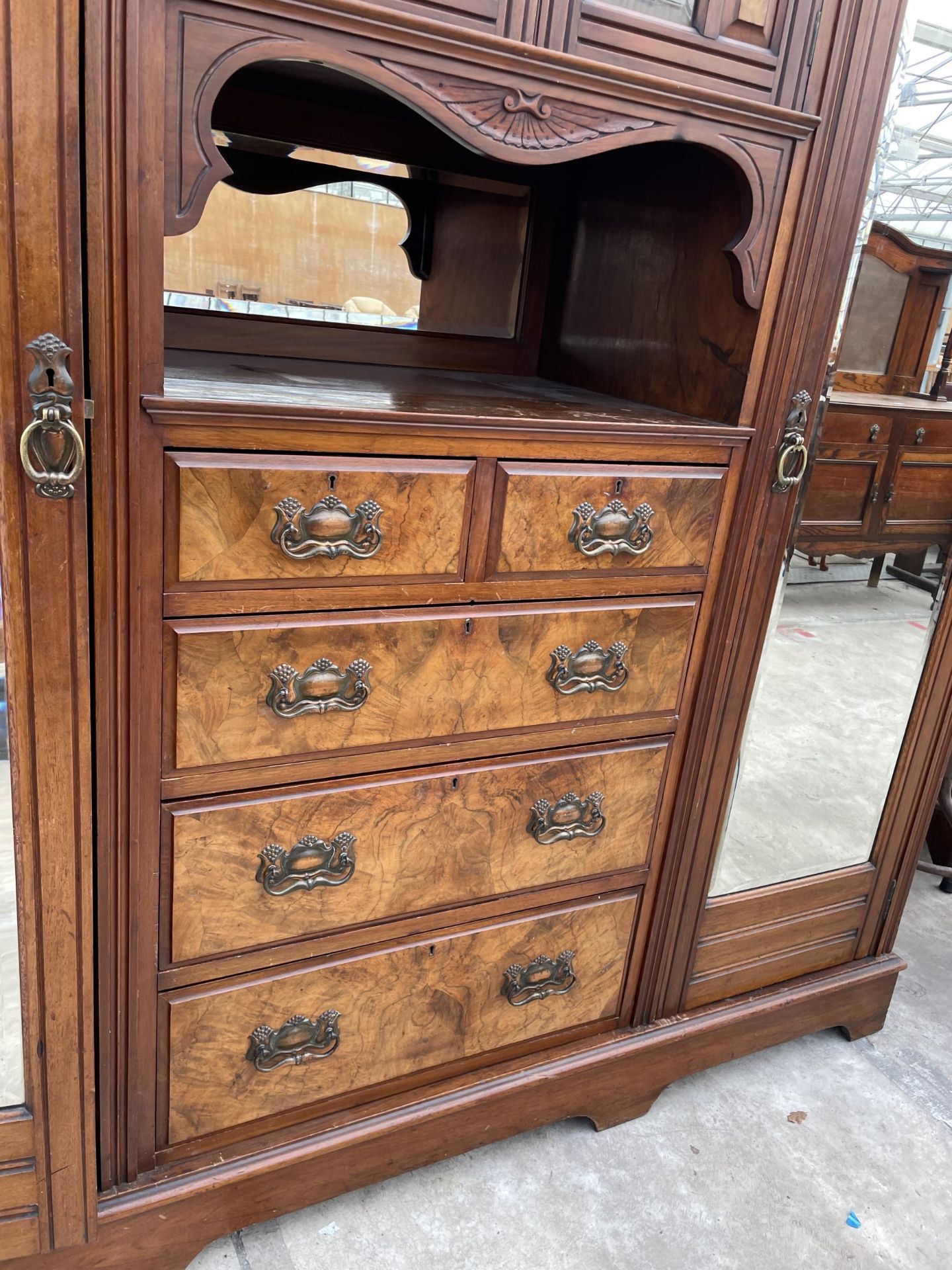 A VICTORIAN WALNUT WARDROBE WITH TWO MIRROR DOORS, TWO SHORT, THREE LONG DRAWERS AND GLAZED TWO DOOR - Image 3 of 6
