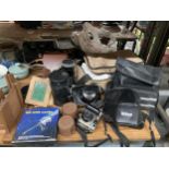 A LARGE QUANTITY OF VINTAGE CAMERAS AND ACCESSORIES TO INCLUDE YASHICA, NIKON AF, OLYMPUS, LENSES, 4