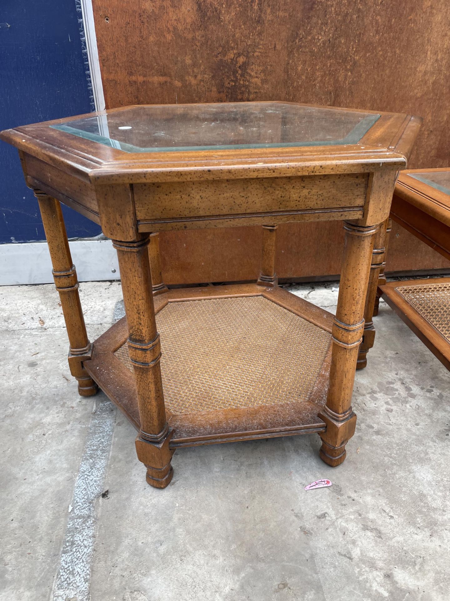 A TWO TIER COFFEE TABLE WITH INSET GLASS TOP AND CANE LOWER SHELF, 50 X 21" AND MATCHING HEXAGONAL - Image 3 of 4