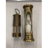 TWO VINTAGE BRASS ITEMS - SMALL MINERS LAMP AND SAND TIMER