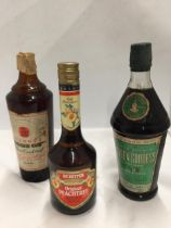 THREE MIXED BOTTLES - GILBEY'S WINE COCKTAIL, DE KUYPER ORIGINAL PEACHTREE AND GREEN GODDESS WINE