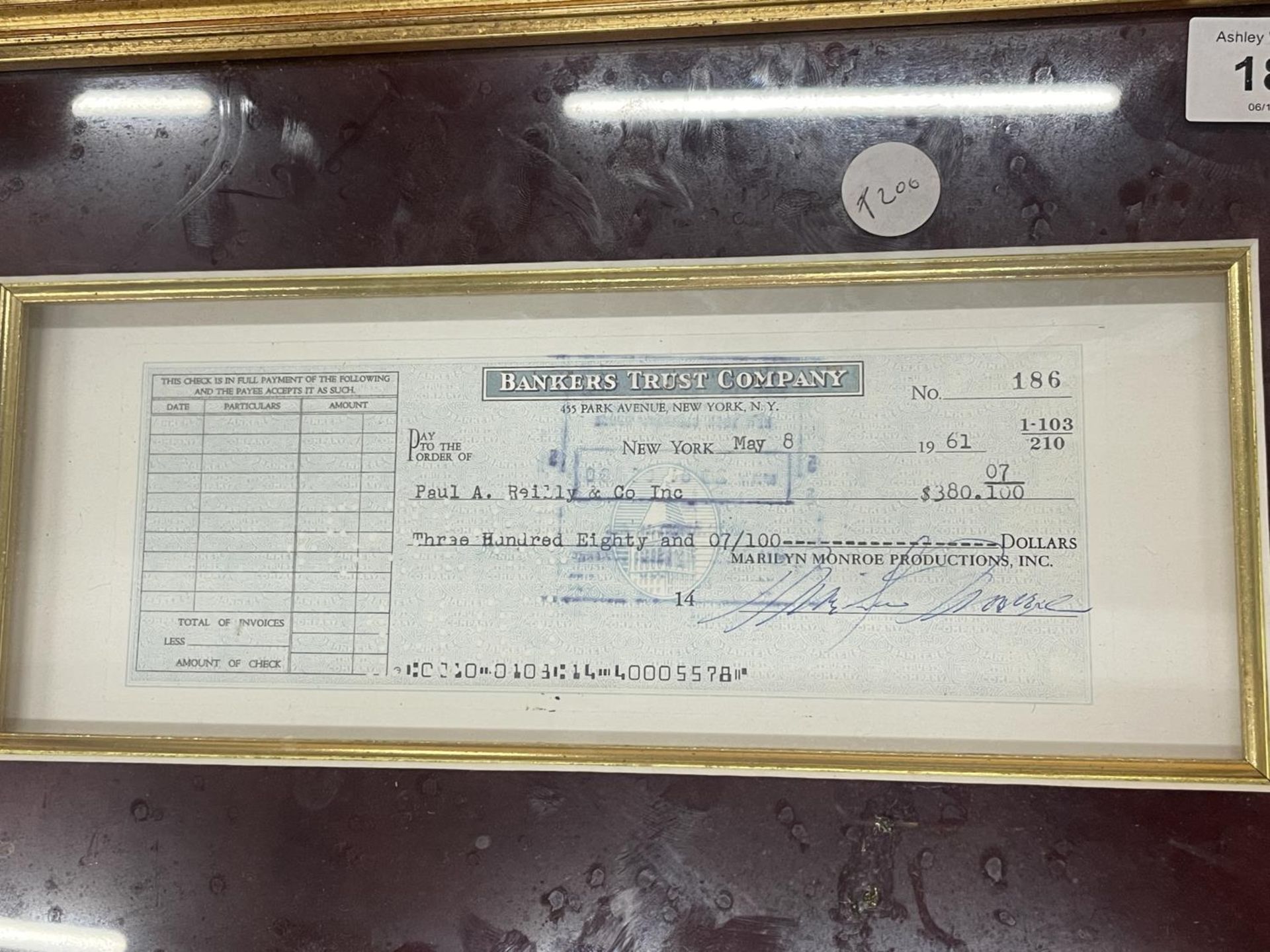 A BANKER TRUST COMPANY FRAMED CHEQUE - Image 2 of 2