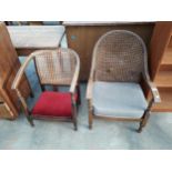 TWO BEECH FRAMED CANE BACK LOUNGE CHAIRS