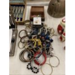 A MIXED LOT OF COSTUME JEWELLERY, BANGLES, SMALL WOODEN BOX ETC