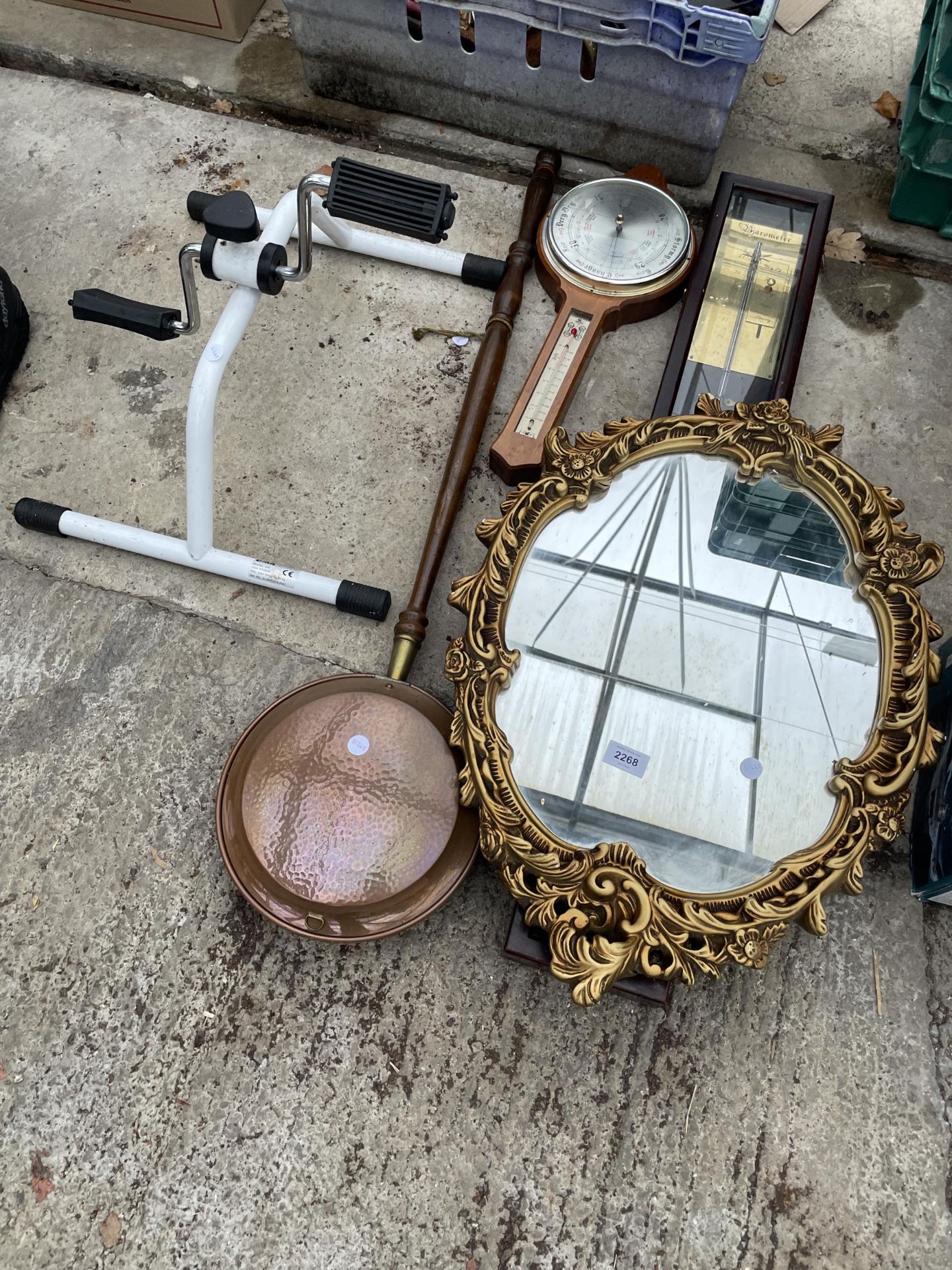 AN ASSORTMENT OF ITEMS TO INCLUDE BAROMETERS, A MIRROR AND A BED WARMING PAN ETC