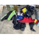 AN ASSORTMENT OF WATER SPORTS JACKETS AND MOTOR BIKE CLOTHING ETC