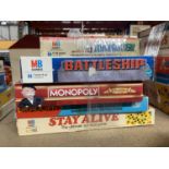 FIVE VINTAGE BOARD GAMES TO INCLUDE MONOPOLY, BATTLESHIPS, DRAUGHTS, ETC.,