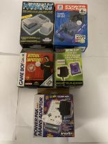FIVE GAMING POWERPACKS TO INCLUDE A POWER PAK AND MAINS ADAPTOR FOR USE WITH GAMEBOY POCKET, GAMEBOY