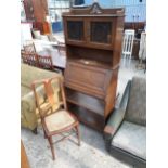 AN EARLY 20TH CENTURY OAK BUREAU BOOKCASE, 29" WIDE AND EDWARDIAN BEDROOM CHAIR