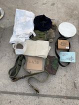 AN ASSORTMENT OF MILITARY CLOTHING TO INCLUDE CAPS AND BELTS ETC