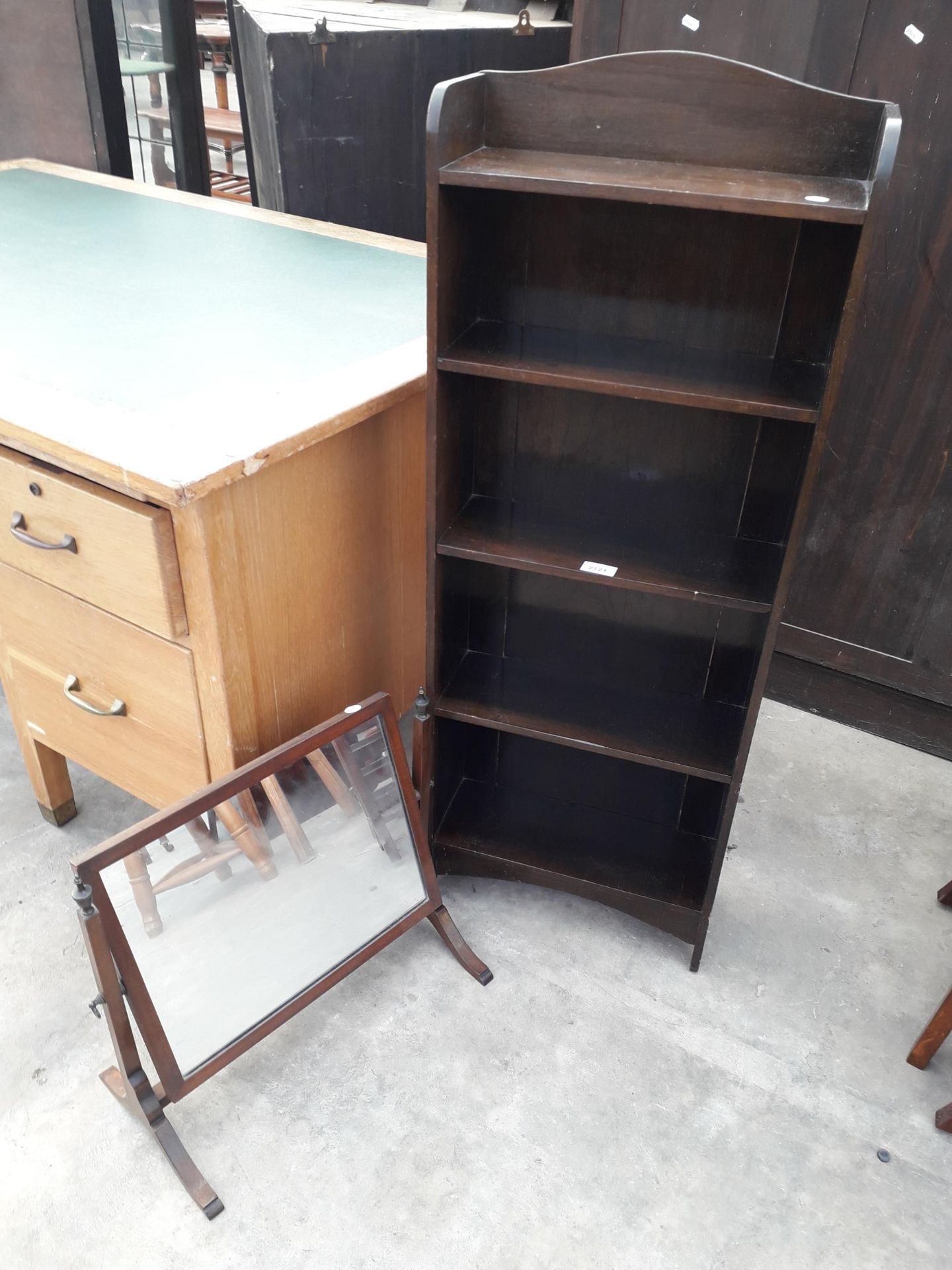 A FIVE TIER OPEN BOOKCASE, 16" WIDE AND A SWING FRAME MIRROR