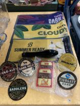 A COLLECTION OF BEER / PUB RELATED ITEMS, DRINKS MAT, TAP BADGES ETC
