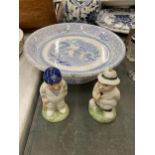 THREE ITEMS - HP CRICKETER CONDIMENTS AND A VINTAGE BLUE AND WHITE PLATE