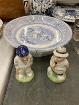 THREE ITEMS - HP CRICKETER CONDIMENTS AND A VINTAGE BLUE AND WHITE PLATE