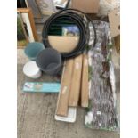 AN ASSORTMENT OF GARDEN ITEMS TO INCLUDE WICKER SCREENING, IRRIGATION PIPE AND PLANT POTS ETC