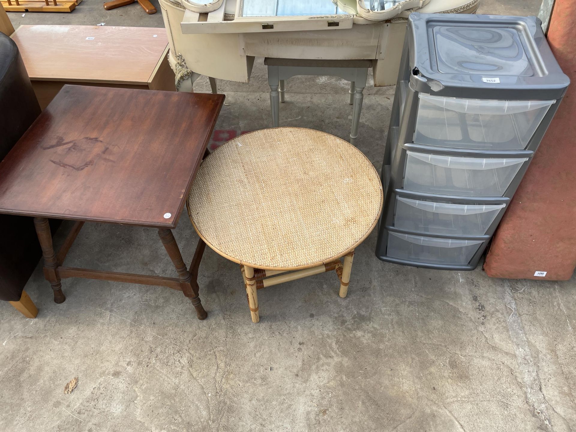 AN EDWARDIAN MAHOGANY OCCASIONAL TABLE, 24" SQUARE, BAMBOO AND WICKER COFFEE TABLE AND PLASTIC