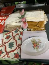 A QUANTITY OF COTTON , ETC TO INCLUDE A CHRISTMAS TABLECLOTH, AN ASSORTMENT OF CHAIR BACKS,