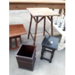 A TIGER BAMBOO OCCASIONAL TABLE, SMALL STOOL AND SQUARE BIN