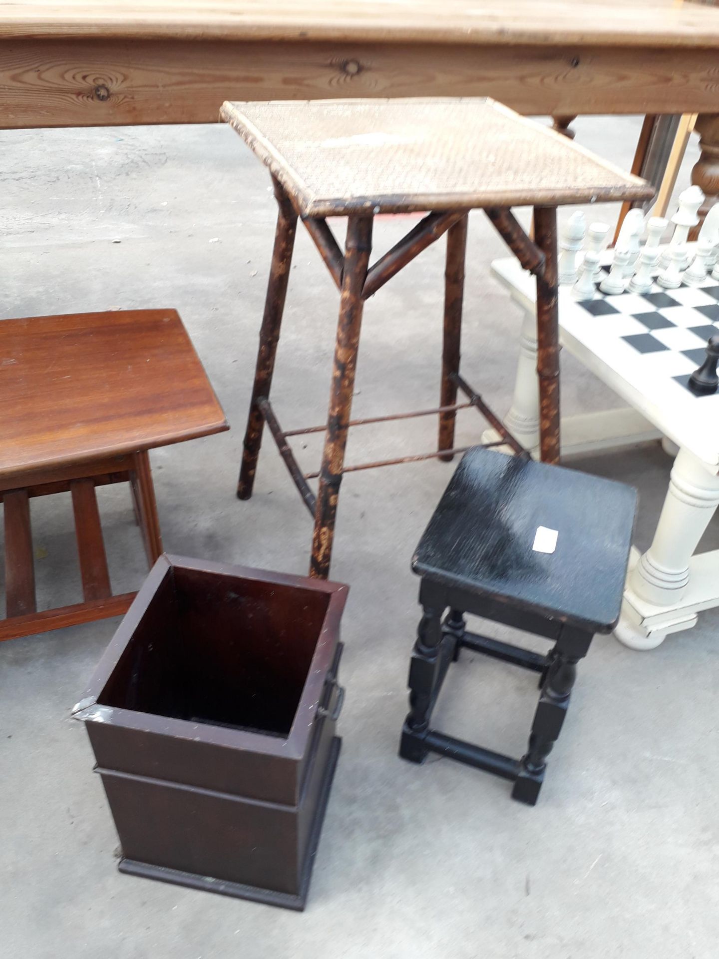 A TIGER BAMBOO OCCASIONAL TABLE, SMALL STOOL AND SQUARE BIN