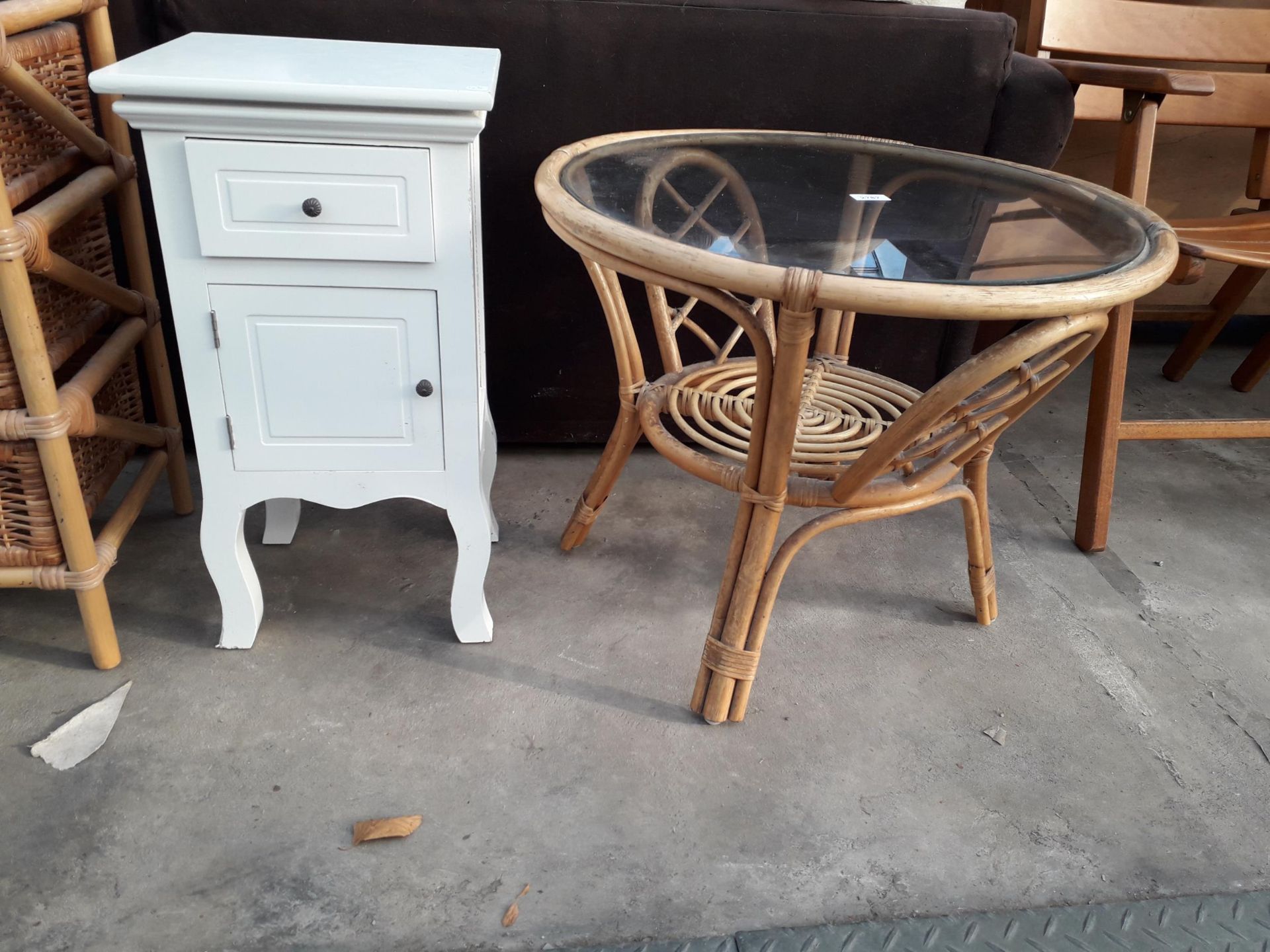 A 26" DIAMETER BAMBOO TABLE WITH GLASS TOP AND WHITE PAINTED BEDSIDE LOCKER - Image 2 of 2