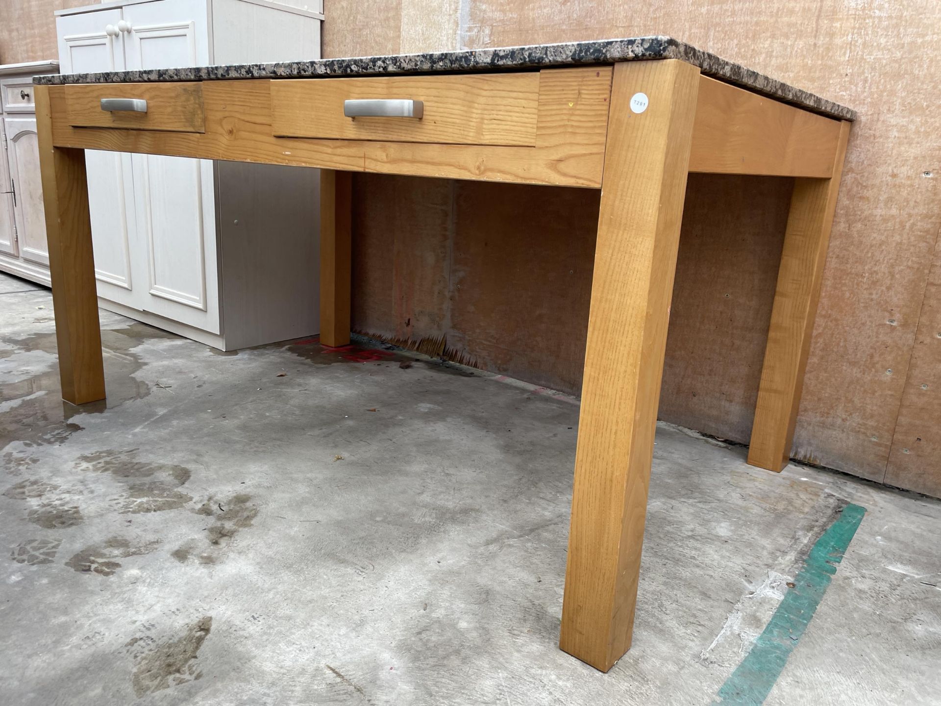 A MODERN KITCHEN TABLE WITH POLISHED HARDSTOVE TOP WITH TWO DRAWERS, 60 X 36" - Image 2 of 3