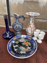 AN ASSORTMENT OF CERAMICS TO INCLUDE VASES, EGG CUPS AND A PLATE ETC