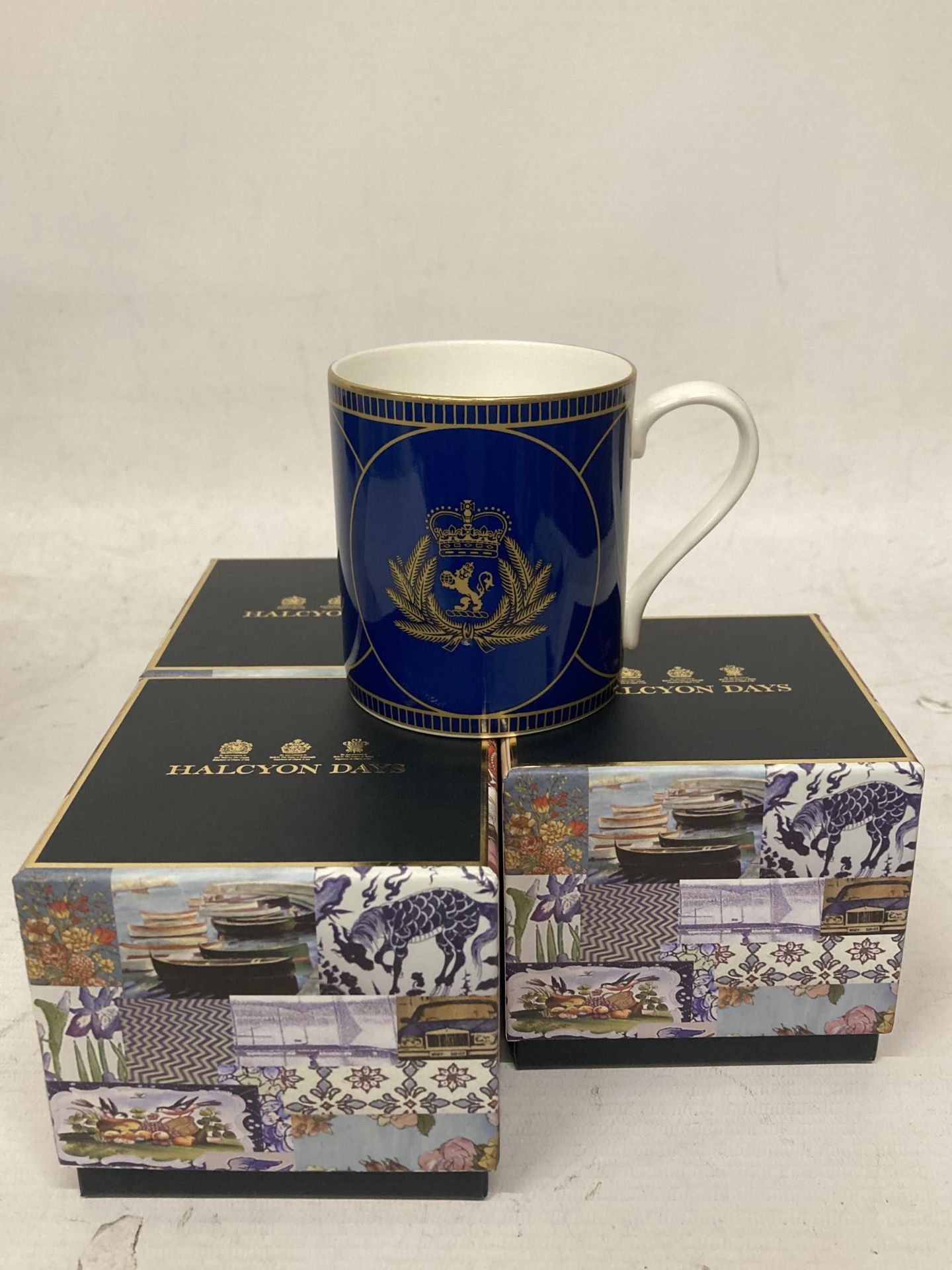 THREE NEW AND BOXED HALCYON DAYS MUGS MADE FOR CUNARD