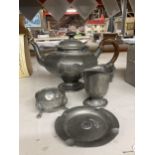 FOUR PIECES OF VINTAGE PEWTER TO INCLUDE A TEAPOT, SALT, CREAM JUG AND PIN TRAY