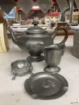 FOUR PIECES OF VINTAGE PEWTER TO INCLUDE A TEAPOT, SALT, CREAM JUG AND PIN TRAY