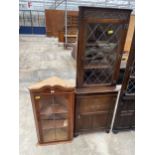 YEW WOOD CORNER CUPBOARD AND OAK CORNER CUPBOARD WITH GLAZED AND LEADED UPPER PORTION