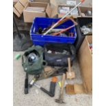 AN ASSORTMENT OF TOOLS TO INCLUDE A WOOD PLANE, BRACE DRILLS AND HAMMERS ETC