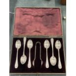 A VINTAGE CASED SILVER PLATED TEASPOONS AND SUGAR TONGS SET