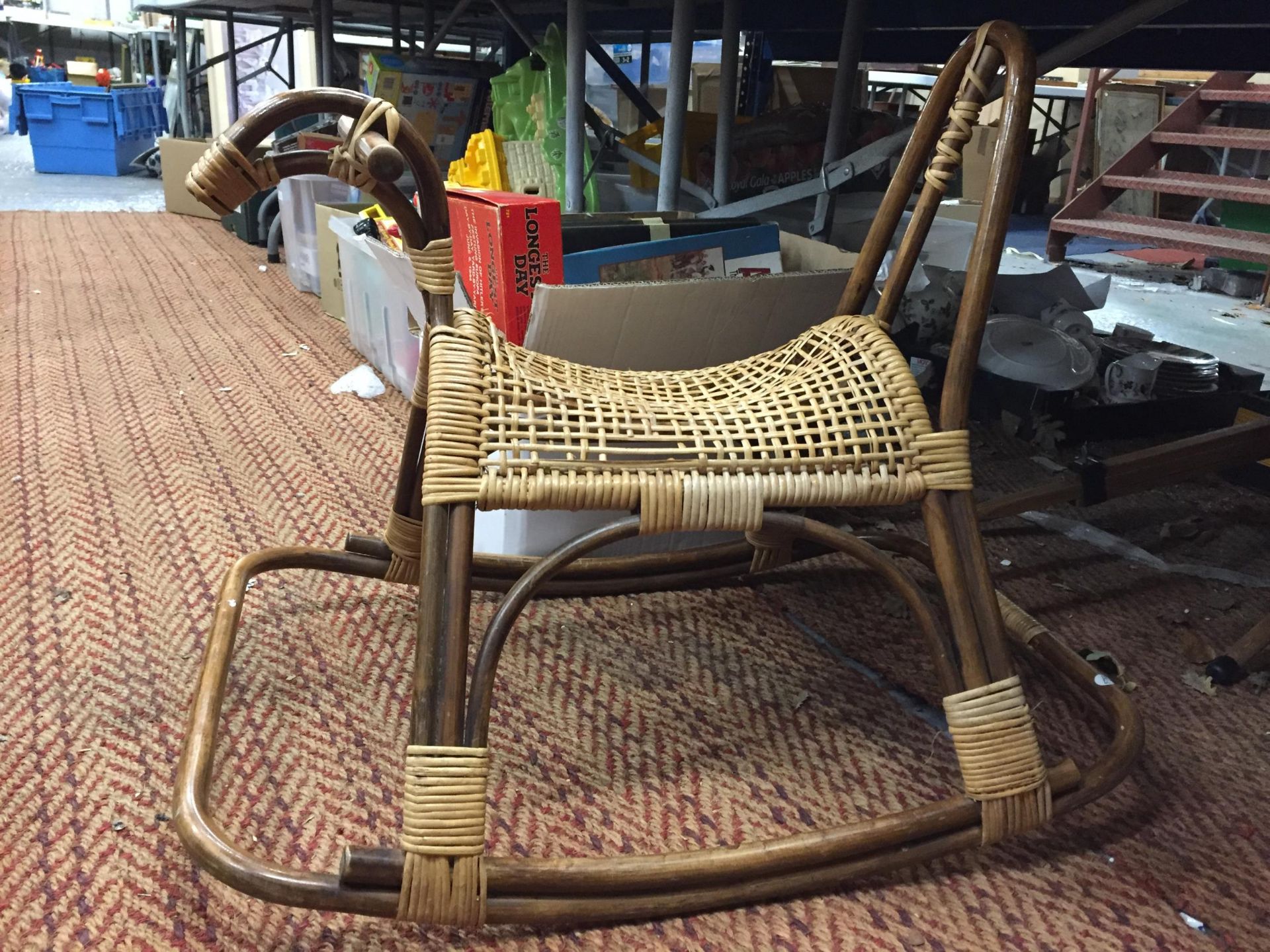 A VINTAGE WOODEN CHILD'S HORSE ROCKER, A WICKER HORSE ROCKER PLUS A CHILD'S SHOPPING TROLLEY - Image 4 of 4