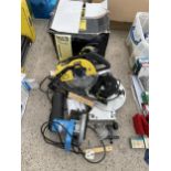 AN ASSORTMENT OF POWER TOOLS TO INCLUDE A MCKELLER COMPOUND MITRE SAW AND A MAKITA CIRCULAR SAW ETC