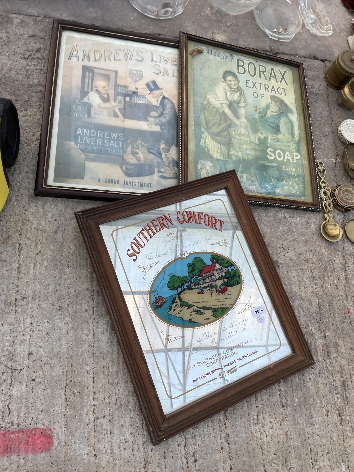 TWO FRAMED PRINTS AND A SOUTHERN COMFORT MIRROR