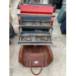 THREE METAL TOOL BOXES AND A LEATHER BAG WITH AN ASSORTMENT OF TOOLS TO INCLUDE PLIERS AND TROWELS