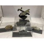 FOUR ATLAS EDITIONS MIXED NATIONALITY MILITARY VEHICLES PLUS AN AVRO LANCASTER DAMBUSTER ON PLINTH