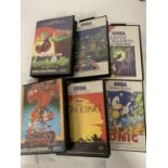 SIX BOXED GAMES TO INCLUDE SONIC THE HEDGEHGOG 2, SONIC THE HEDGEHOG, THE LION KING. SEGA CASTLE