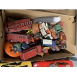 A QUANTITY OF VINTAGE DIE-CAST TOYS TO INCLUDE MAINLY DINKY, FIRE ENGINES, STEAM ROLLER, TRACTOR,