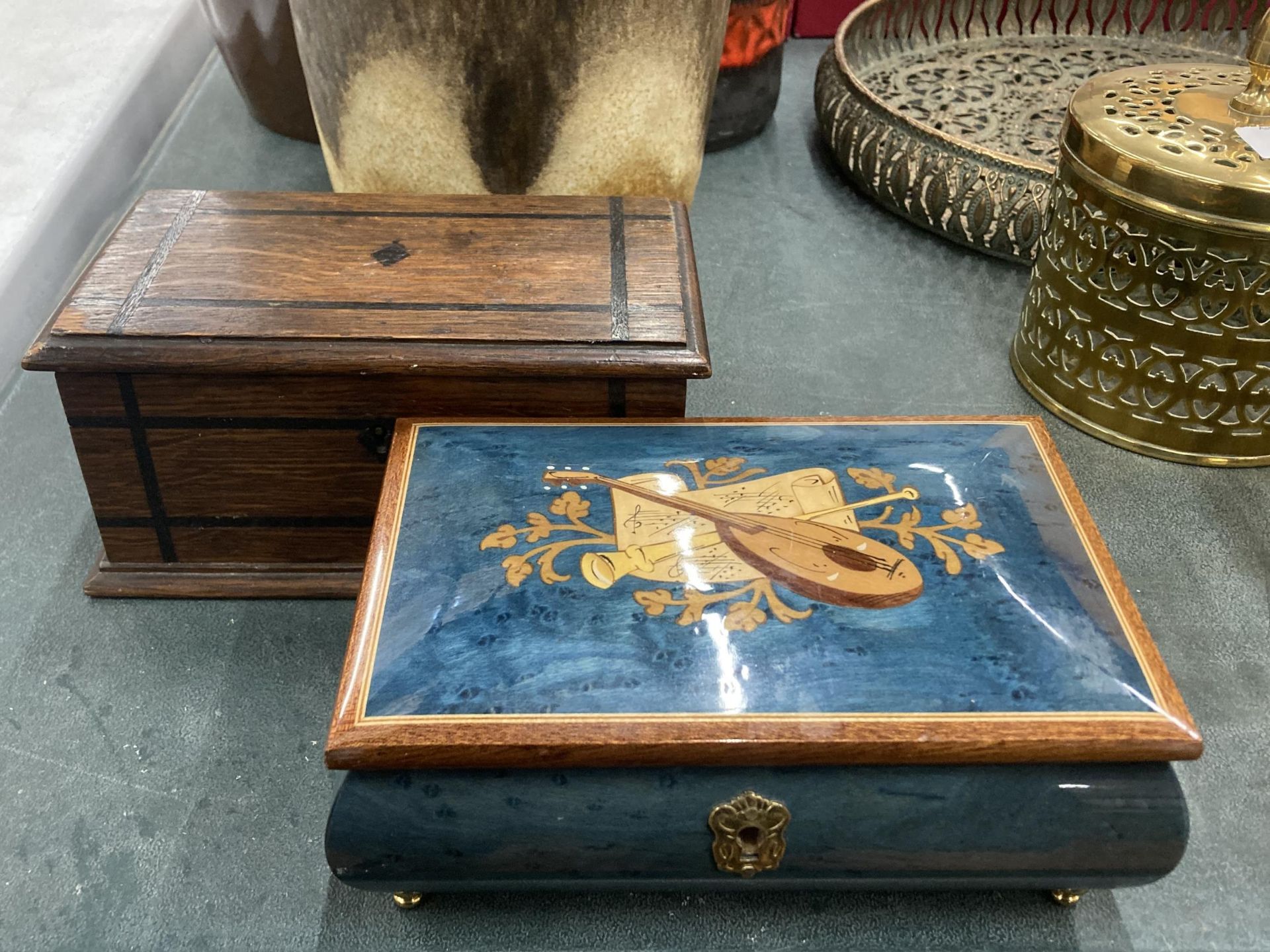 TWO JEWELLERY BOXES TO INCLUDE INLAID AND WOODEN EXAMPLE