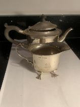 TWO HALLMARKED BIRMINGHAM SILVER ITEMS TO INCLUDE A TEAPOT AND A JUG ON FEET WEIGHT 345 GRAMS