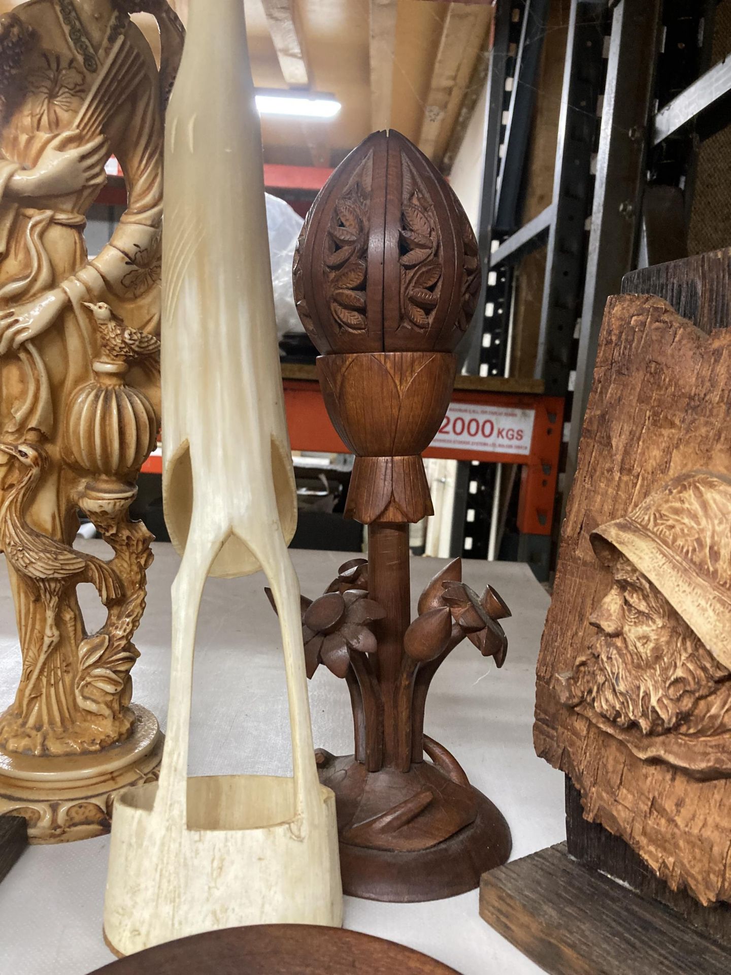 A WOODEN CARVED PLAQUE OF A FISHERMAN ON A STAND, WOODEN LOTUS LAMP, A LARGE HORN BIRD, AN - Image 7 of 9