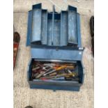 TWO METAL TOOL BOXES ONE CONTAINING AN ASSORTMENT OF TOOLS TO INCLUDE FILES AND PLIERS ETC