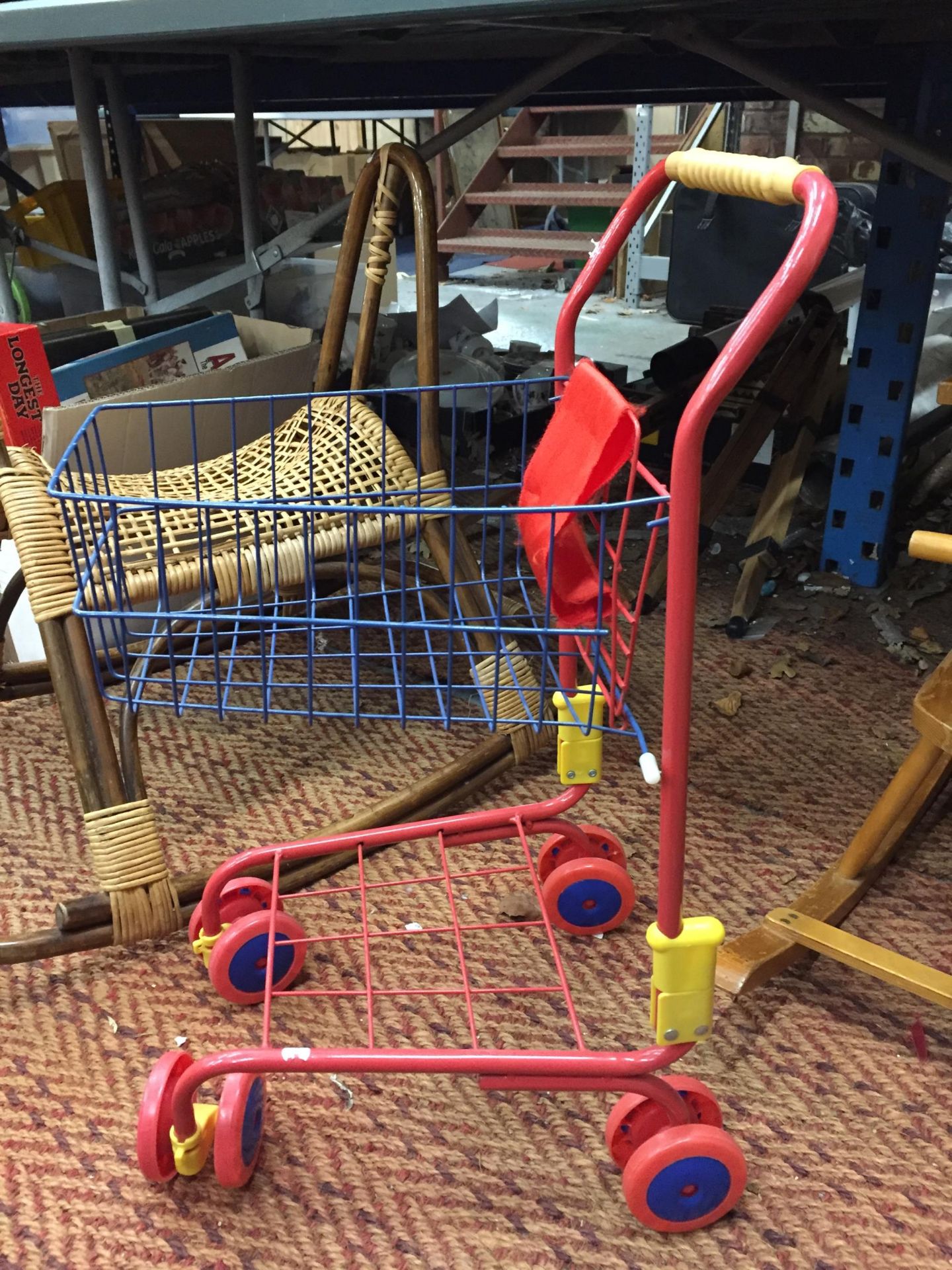 A VINTAGE WOODEN CHILD'S HORSE ROCKER, A WICKER HORSE ROCKER PLUS A CHILD'S SHOPPING TROLLEY - Image 3 of 4