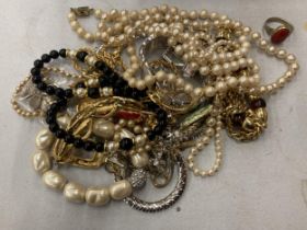 A COLLECTION OF COSTUME JEWELLERY, PEARL NECKLACES, MILLIEFIORI EXAMPLE ETC