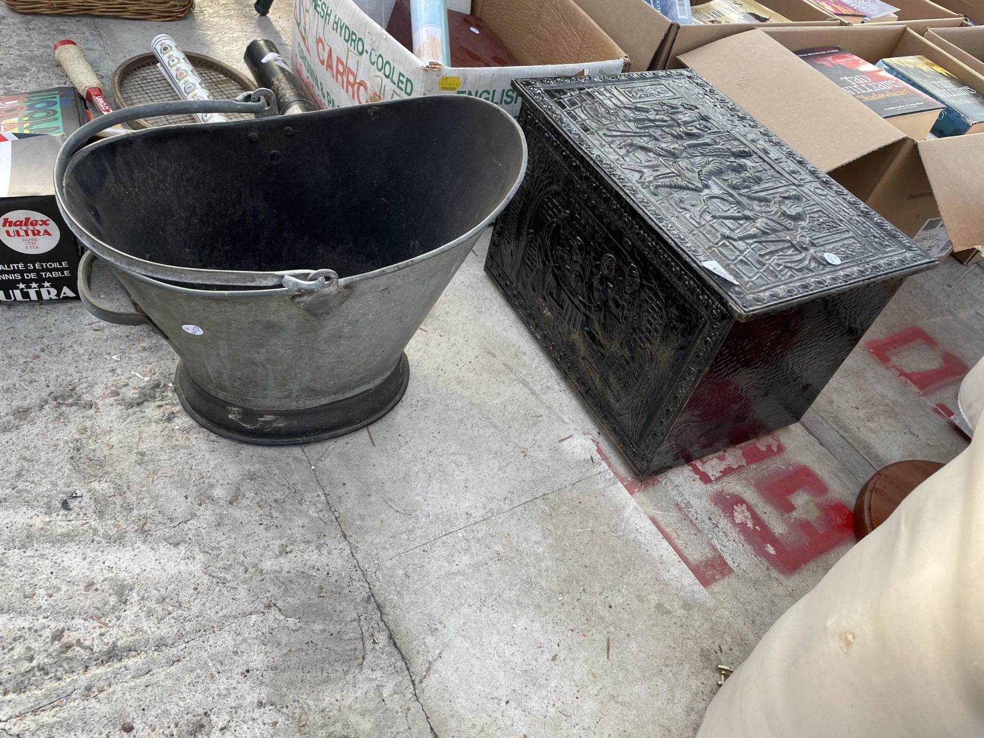 A COAL BOX AND A GALVANISED COAL BUCKET