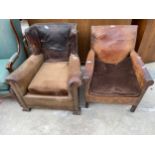 AN EARLY 20TH CENTURY LEATHER STUDDED WINGED FIRESIDE CHAIR AND SIMILAR CHAIR