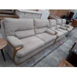 A RETRO G-PLAN THREE PIECE LOUNGE SUITE COMPRISING TWO SETTEES AND AN EASY CHAIR
