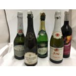 FIVE MIXED BOTTLES - ASTI, THORNCROFT EDERFLOWER CHAMPAGNE, CAVALIER BLANC DE BLANCS ETC